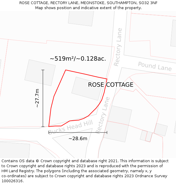 ROSE COTTAGE, RECTORY LANE, MEONSTOKE, SOUTHAMPTON, SO32 3NF: Plot and title map