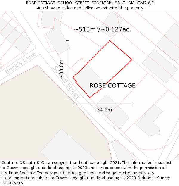 ROSE COTTAGE, SCHOOL STREET, STOCKTON, SOUTHAM, CV47 8JE: Plot and title map