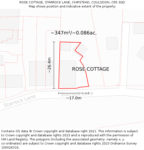 ROSE COTTAGE, STARROCK LANE, CHIPSTEAD, COULSDON, CR5 3QD: Plot and title map