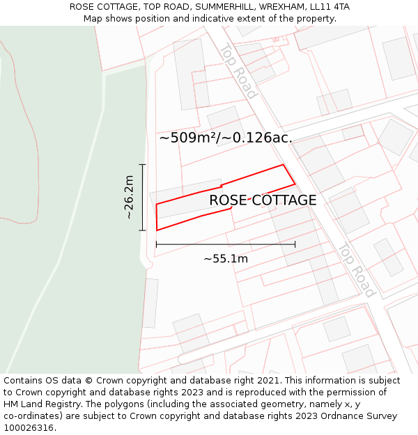 ROSE COTTAGE, TOP ROAD, SUMMERHILL, WREXHAM, LL11 4TA: Plot and title map