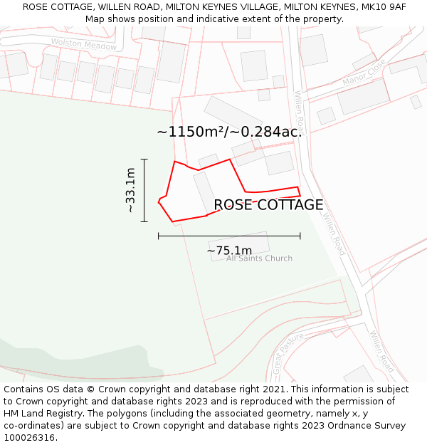 ROSE COTTAGE, WILLEN ROAD, MILTON KEYNES VILLAGE, MILTON KEYNES, MK10 9AF: Plot and title map