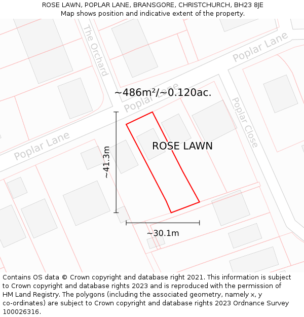 ROSE LAWN, POPLAR LANE, BRANSGORE, CHRISTCHURCH, BH23 8JE: Plot and title map