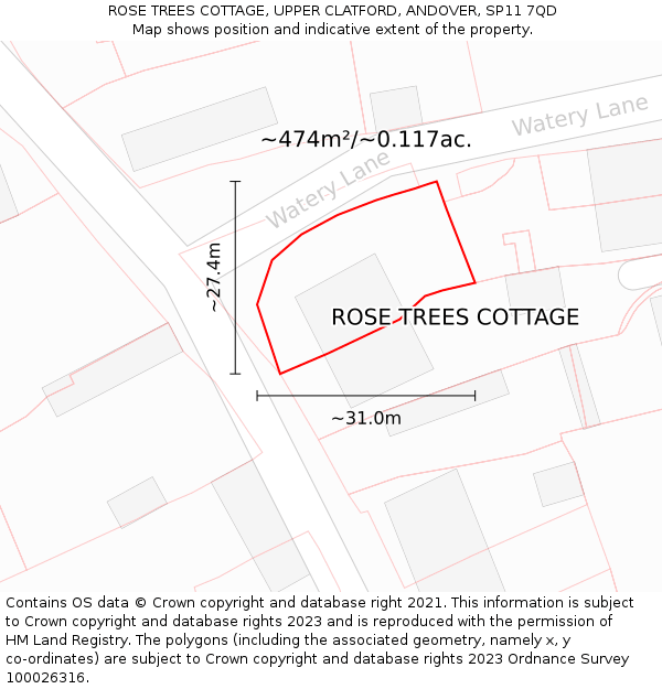 ROSE TREES COTTAGE, UPPER CLATFORD, ANDOVER, SP11 7QD: Plot and title map