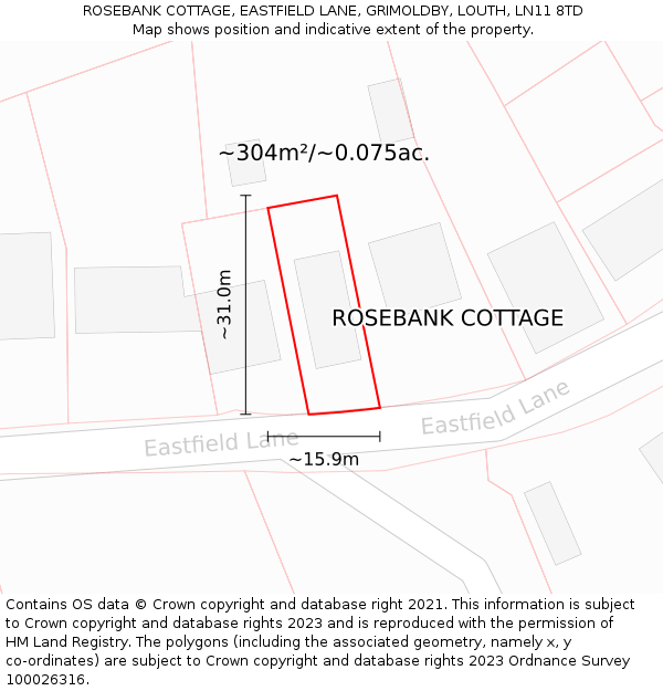 ROSEBANK COTTAGE, EASTFIELD LANE, GRIMOLDBY, LOUTH, LN11 8TD: Plot and title map