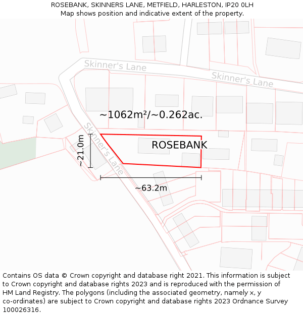 ROSEBANK, SKINNERS LANE, METFIELD, HARLESTON, IP20 0LH: Plot and title map