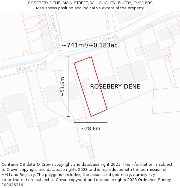 ROSEBERY DENE, MAIN STREET, WILLOUGHBY, RUGBY, CV23 8BS: Plot and title map