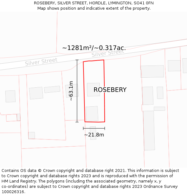 ROSEBERY, SILVER STREET, HORDLE, LYMINGTON, SO41 0FN: Plot and title map