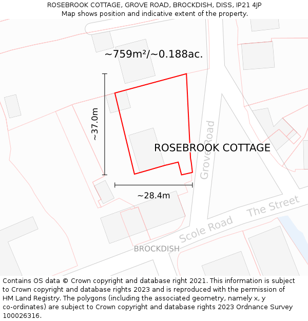 ROSEBROOK COTTAGE, GROVE ROAD, BROCKDISH, DISS, IP21 4JP: Plot and title map