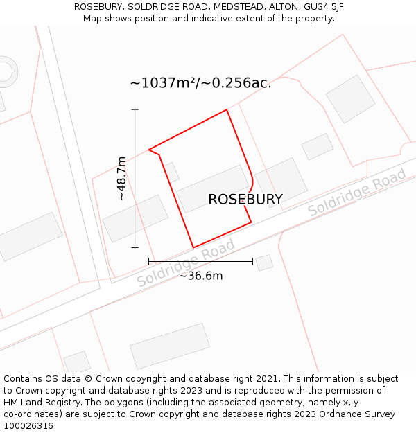 ROSEBURY, SOLDRIDGE ROAD, MEDSTEAD, ALTON, GU34 5JF: Plot and title map