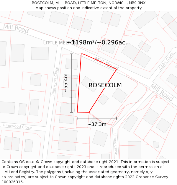 ROSECOLM, MILL ROAD, LITTLE MELTON, NORWICH, NR9 3NX: Plot and title map