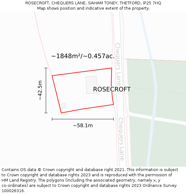 ROSECROFT, CHEQUERS LANE, SAHAM TONEY, THETFORD, IP25 7HQ: Plot and title map