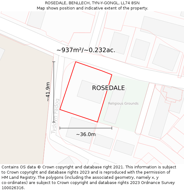 ROSEDALE, BENLLECH, TYN-Y-GONGL, LL74 8SN: Plot and title map