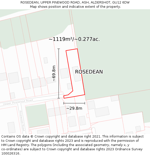 ROSEDEAN, UPPER PINEWOOD ROAD, ASH, ALDERSHOT, GU12 6DW: Plot and title map