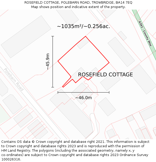 ROSEFIELD COTTAGE, POLEBARN ROAD, TROWBRIDGE, BA14 7EQ: Plot and title map