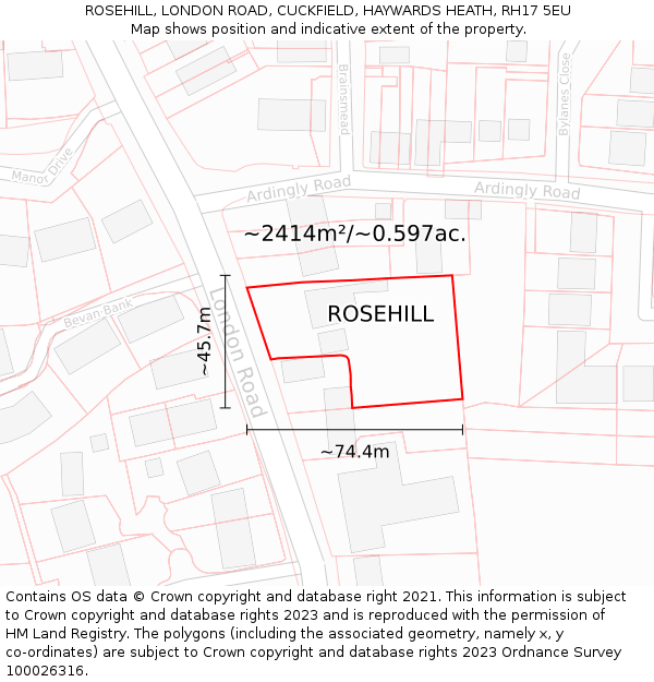 ROSEHILL, LONDON ROAD, CUCKFIELD, HAYWARDS HEATH, RH17 5EU: Plot and title map