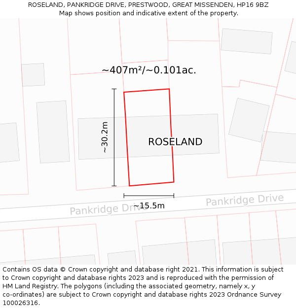 ROSELAND, PANKRIDGE DRIVE, PRESTWOOD, GREAT MISSENDEN, HP16 9BZ: Plot and title map