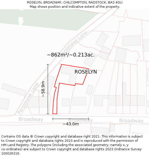 ROSELYN, BROADWAY, CHILCOMPTON, RADSTOCK, BA3 4GU: Plot and title map