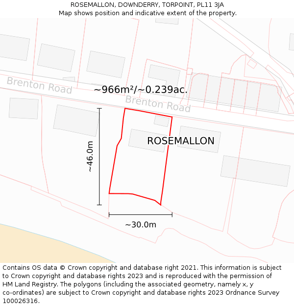 ROSEMALLON, DOWNDERRY, TORPOINT, PL11 3JA: Plot and title map