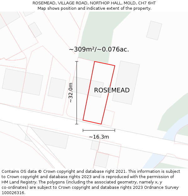 ROSEMEAD, VILLAGE ROAD, NORTHOP HALL, MOLD, CH7 6HT: Plot and title map