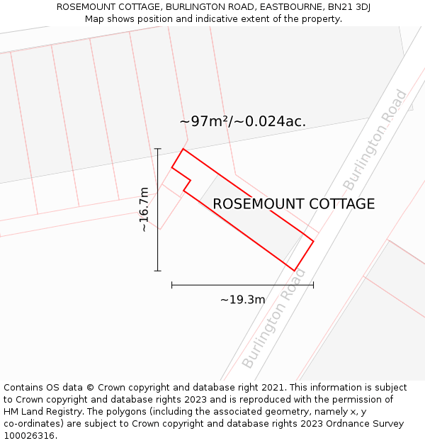 ROSEMOUNT COTTAGE, BURLINGTON ROAD, EASTBOURNE, BN21 3DJ: Plot and title map