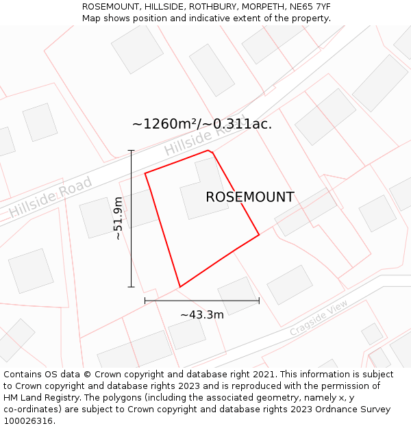 ROSEMOUNT, HILLSIDE, ROTHBURY, MORPETH, NE65 7YF: Plot and title map