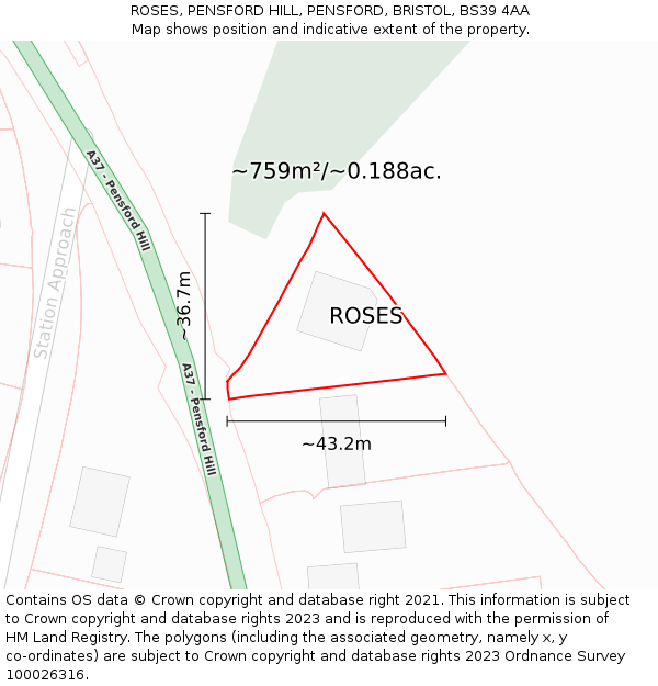 ROSES, PENSFORD HILL, PENSFORD, BRISTOL, BS39 4AA: Plot and title map