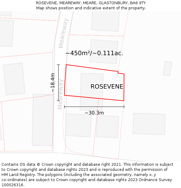 ROSEVENE, MEAREWAY, MEARE, GLASTONBURY, BA6 9TY: Plot and title map