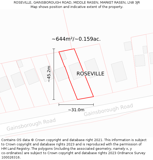 ROSEVILLE, GAINSBOROUGH ROAD, MIDDLE RASEN, MARKET RASEN, LN8 3JR: Plot and title map