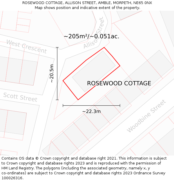 ROSEWOOD COTTAGE, ALLISON STREET, AMBLE, MORPETH, NE65 0NX: Plot and title map