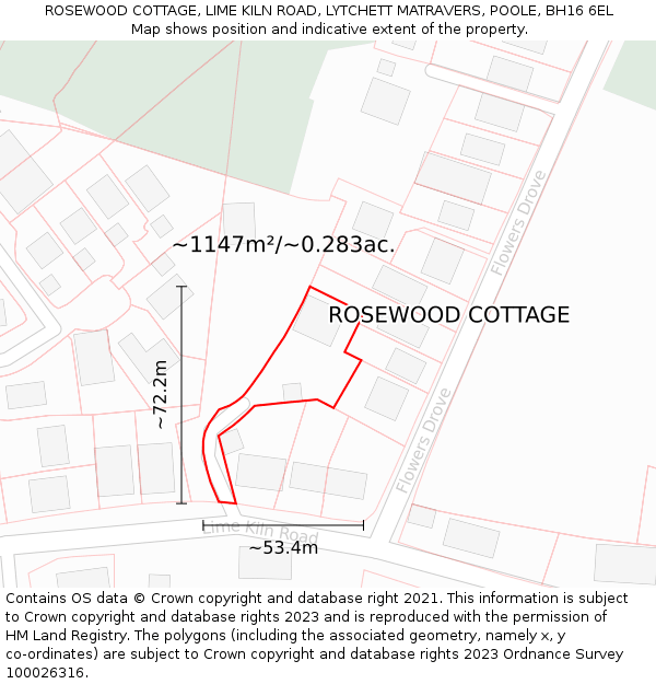 ROSEWOOD COTTAGE, LIME KILN ROAD, LYTCHETT MATRAVERS, POOLE, BH16 6EL: Plot and title map