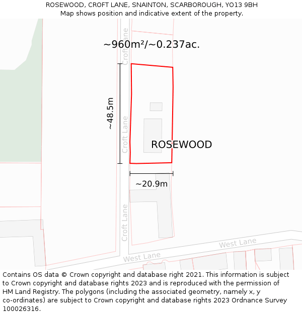 ROSEWOOD, CROFT LANE, SNAINTON, SCARBOROUGH, YO13 9BH: Plot and title map