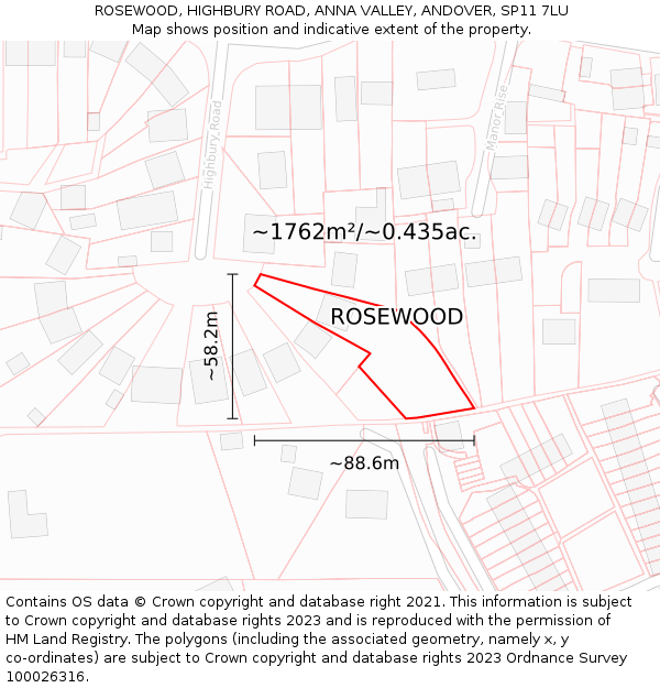 ROSEWOOD, HIGHBURY ROAD, ANNA VALLEY, ANDOVER, SP11 7LU: Plot and title map