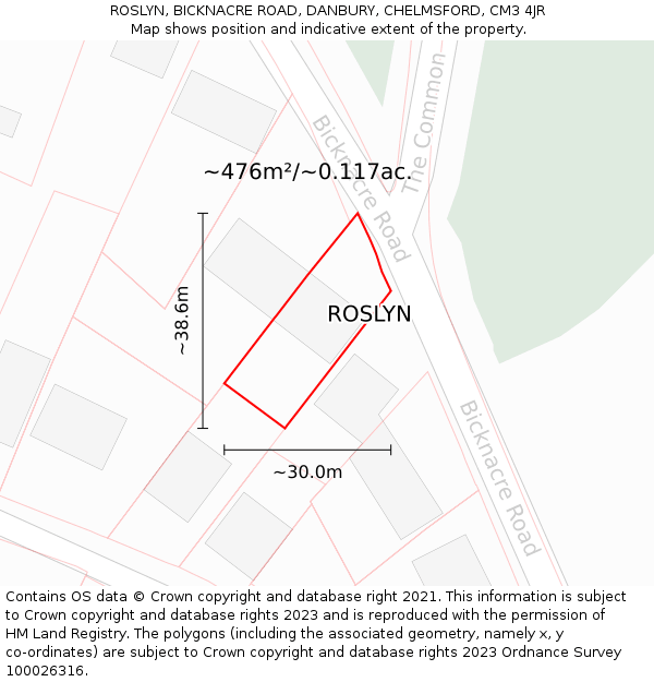 ROSLYN, BICKNACRE ROAD, DANBURY, CHELMSFORD, CM3 4JR: Plot and title map