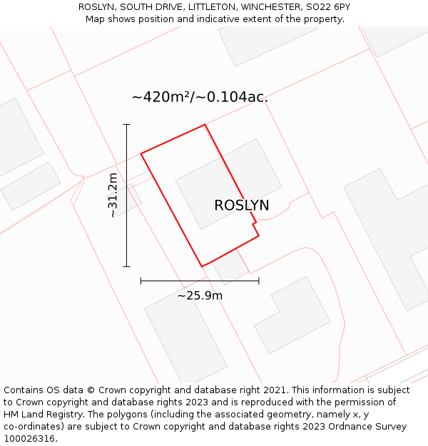 ROSLYN, SOUTH DRIVE, LITTLETON, WINCHESTER, SO22 6PY: Plot and title map