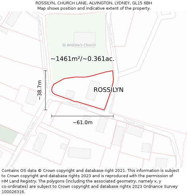 ROSSILYN, CHURCH LANE, ALVINGTON, LYDNEY, GL15 6BH: Plot and title map