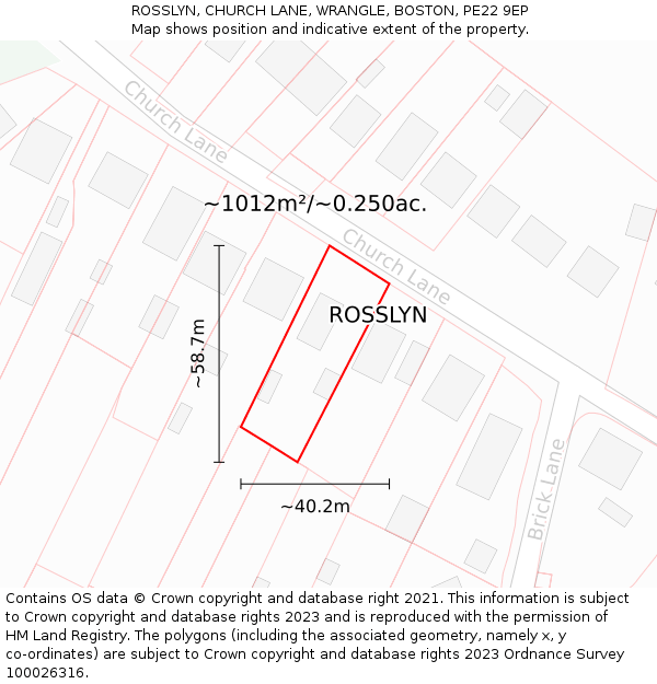 ROSSLYN, CHURCH LANE, WRANGLE, BOSTON, PE22 9EP: Plot and title map