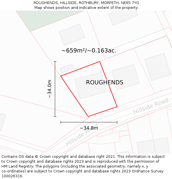 ROUGHENDS, HILLSIDE, ROTHBURY, MORPETH, NE65 7YG: Plot and title map