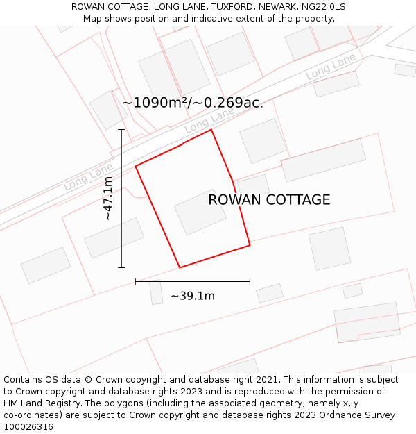 ROWAN COTTAGE, LONG LANE, TUXFORD, NEWARK, NG22 0LS: Plot and title map