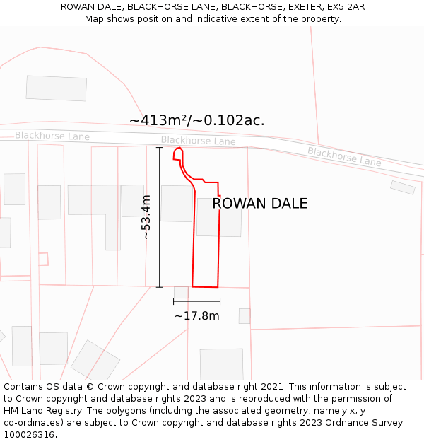 ROWAN DALE, BLACKHORSE LANE, BLACKHORSE, EXETER, EX5 2AR: Plot and title map