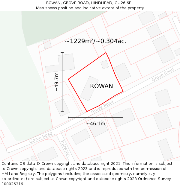 ROWAN, GROVE ROAD, HINDHEAD, GU26 6PH: Plot and title map