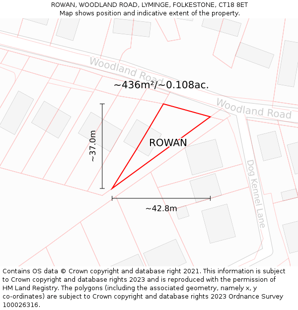 ROWAN, WOODLAND ROAD, LYMINGE, FOLKESTONE, CT18 8ET: Plot and title map