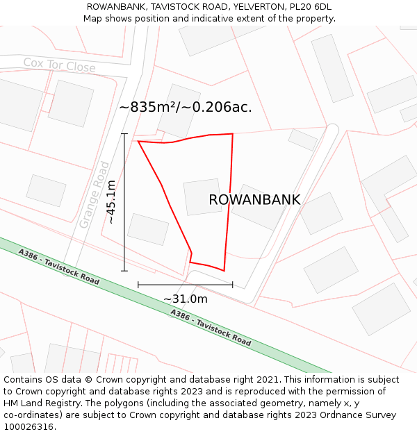 ROWANBANK, TAVISTOCK ROAD, YELVERTON, PL20 6DL: Plot and title map