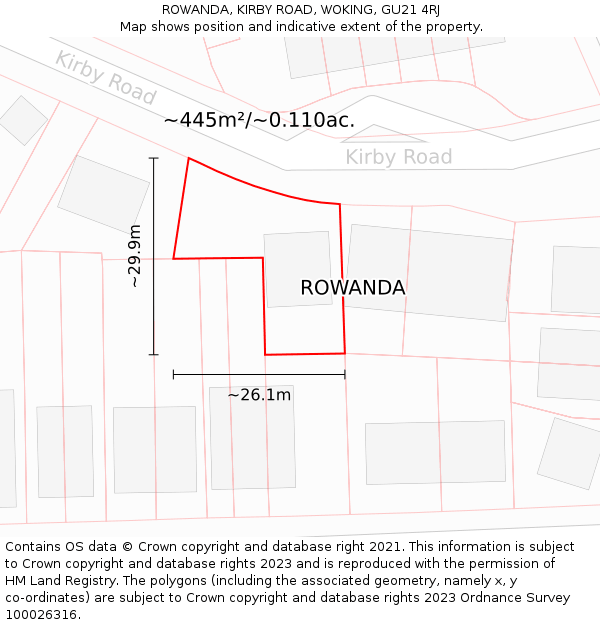 ROWANDA, KIRBY ROAD, WOKING, GU21 4RJ: Plot and title map