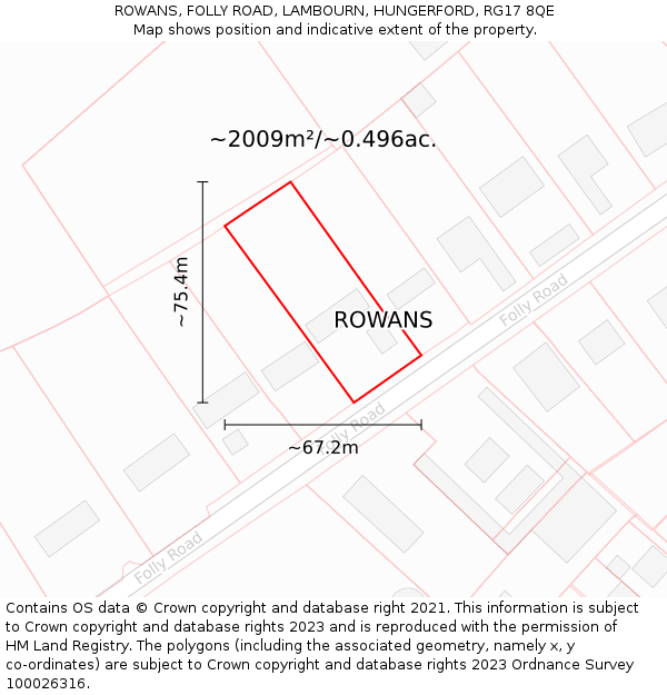 ROWANS, FOLLY ROAD, LAMBOURN, HUNGERFORD, RG17 8QE: Plot and title map