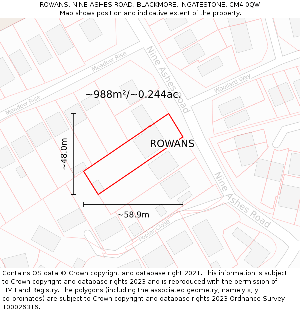 ROWANS, NINE ASHES ROAD, BLACKMORE, INGATESTONE, CM4 0QW: Plot and title map