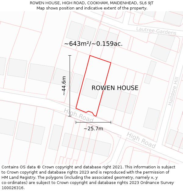 ROWEN HOUSE, HIGH ROAD, COOKHAM, MAIDENHEAD, SL6 9JT: Plot and title map