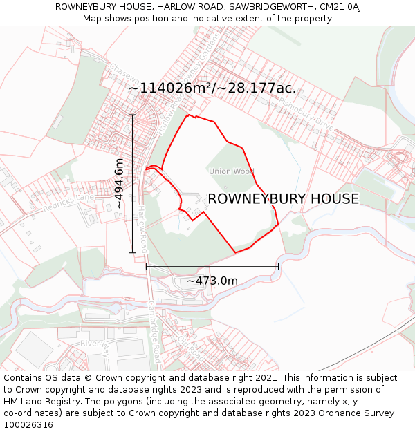 ROWNEYBURY HOUSE, HARLOW ROAD, SAWBRIDGEWORTH, CM21 0AJ: Plot and title map