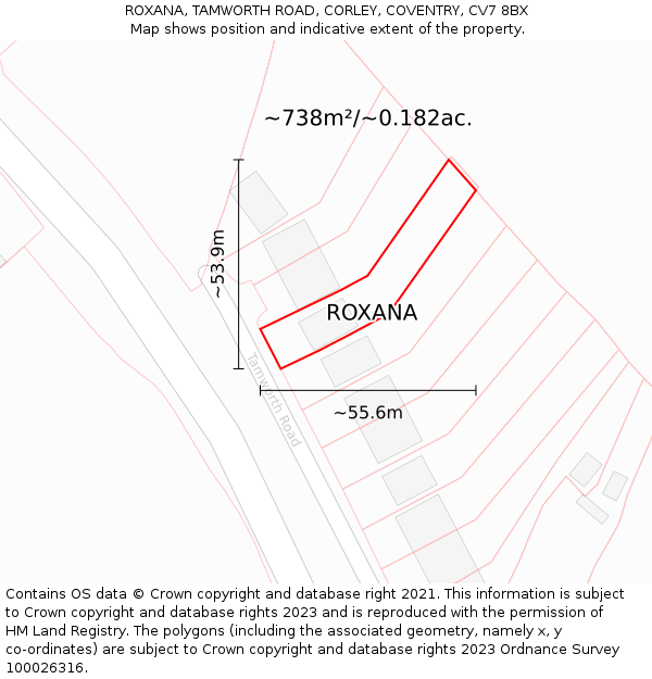 ROXANA, TAMWORTH ROAD, CORLEY, COVENTRY, CV7 8BX: Plot and title map