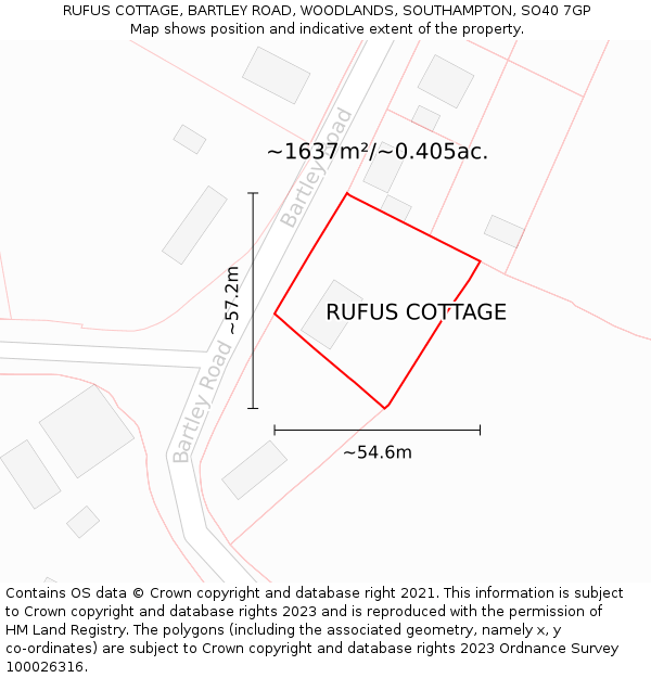 RUFUS COTTAGE, BARTLEY ROAD, WOODLANDS, SOUTHAMPTON, SO40 7GP: Plot and title map