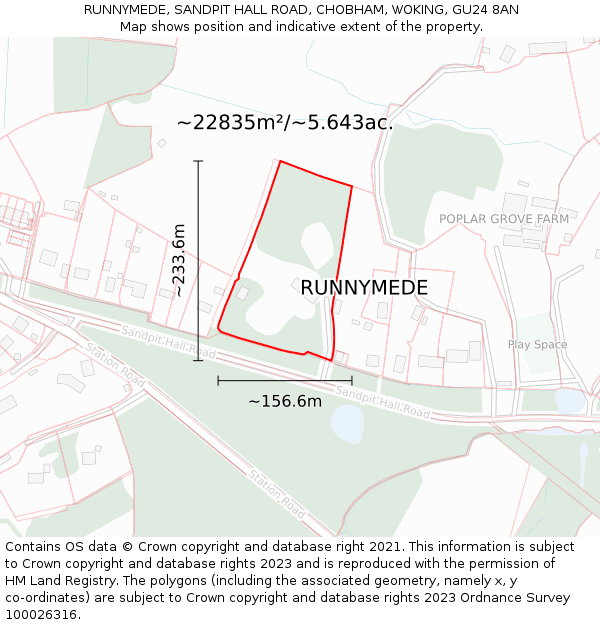 RUNNYMEDE, SANDPIT HALL ROAD, CHOBHAM, WOKING, GU24 8AN: Plot and title map